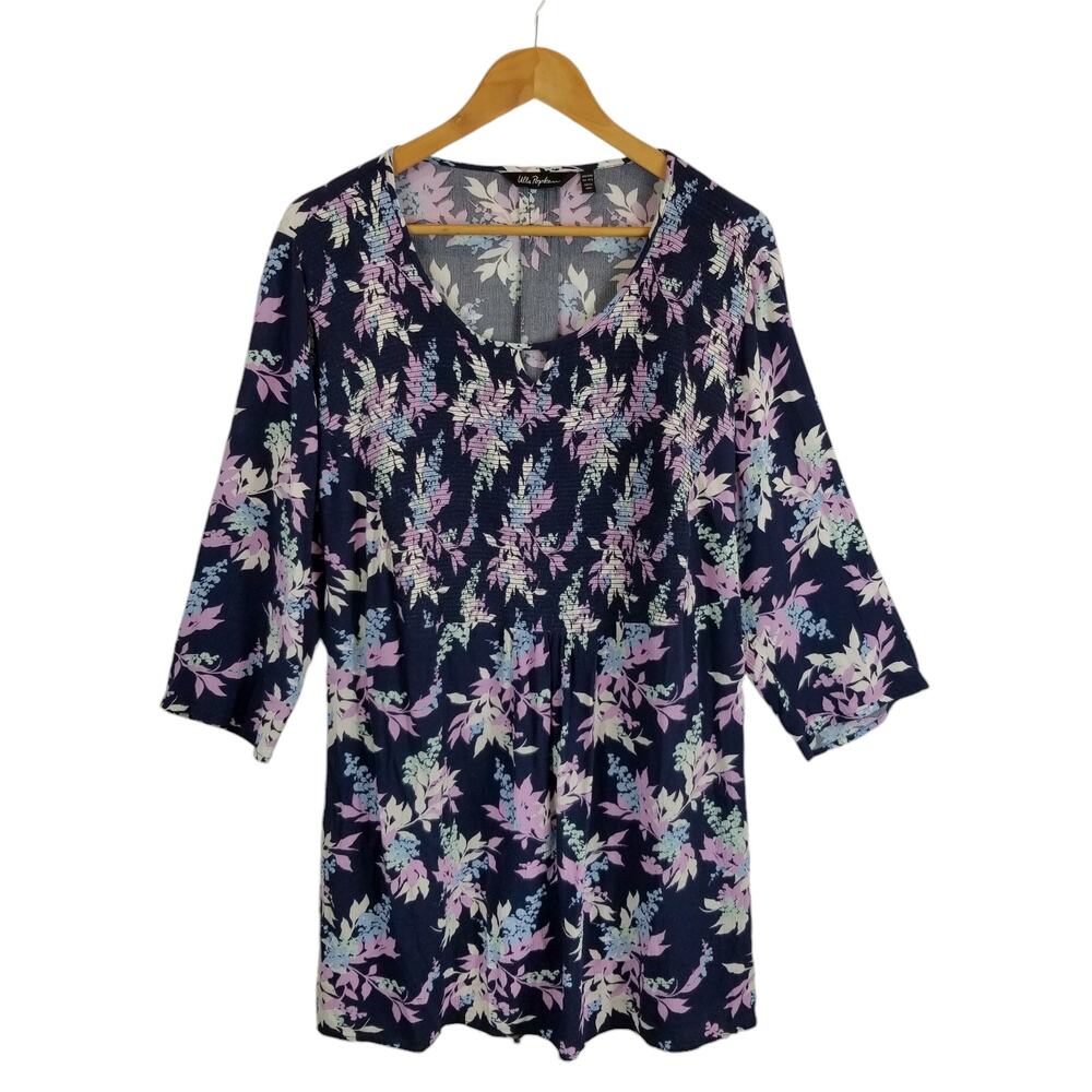 Ulla Popken Women's Floral Peasant Blouse Navy Blue Purple Size XL 16/18